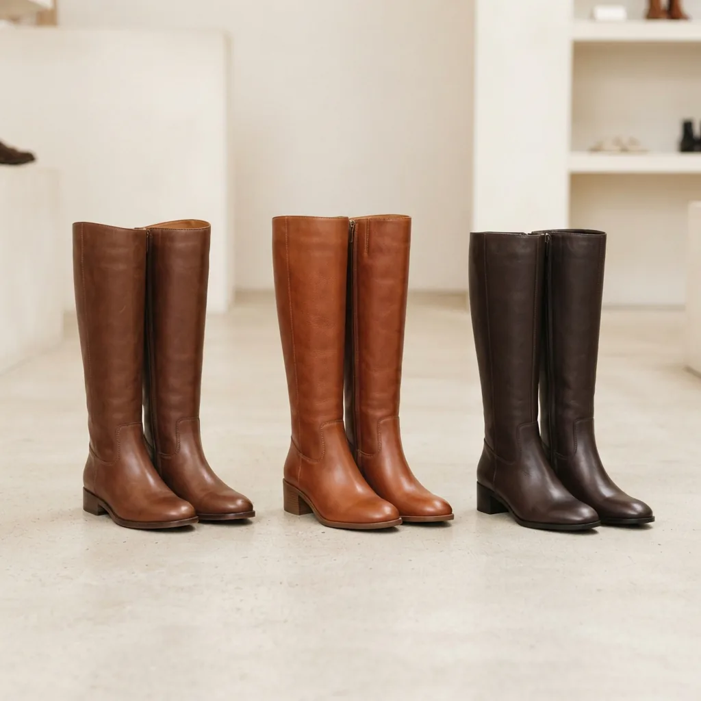 Three unbranded knee high boots arranged by heel height on a light studio floor