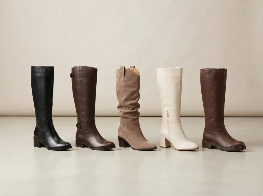 A lineup of unbranded knee high boots in different materials and colors on a pale studio floor