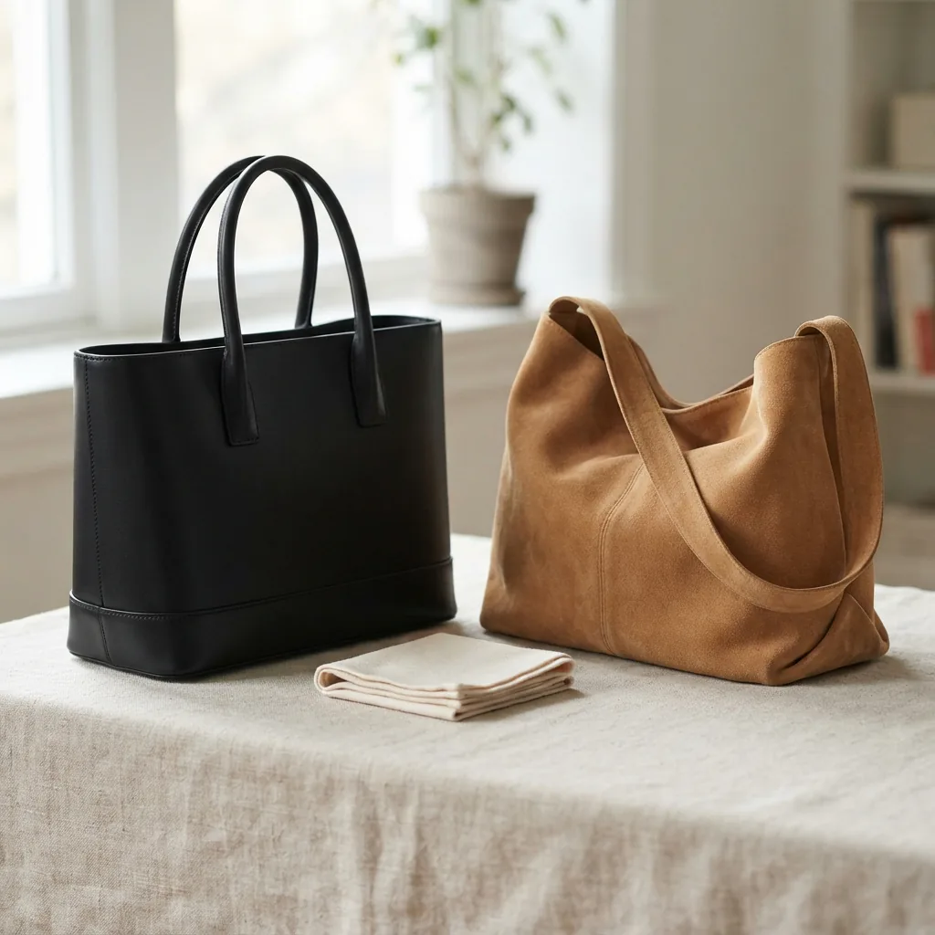 Structured tote holding its shape beside a soft suede bag on a clean care surface