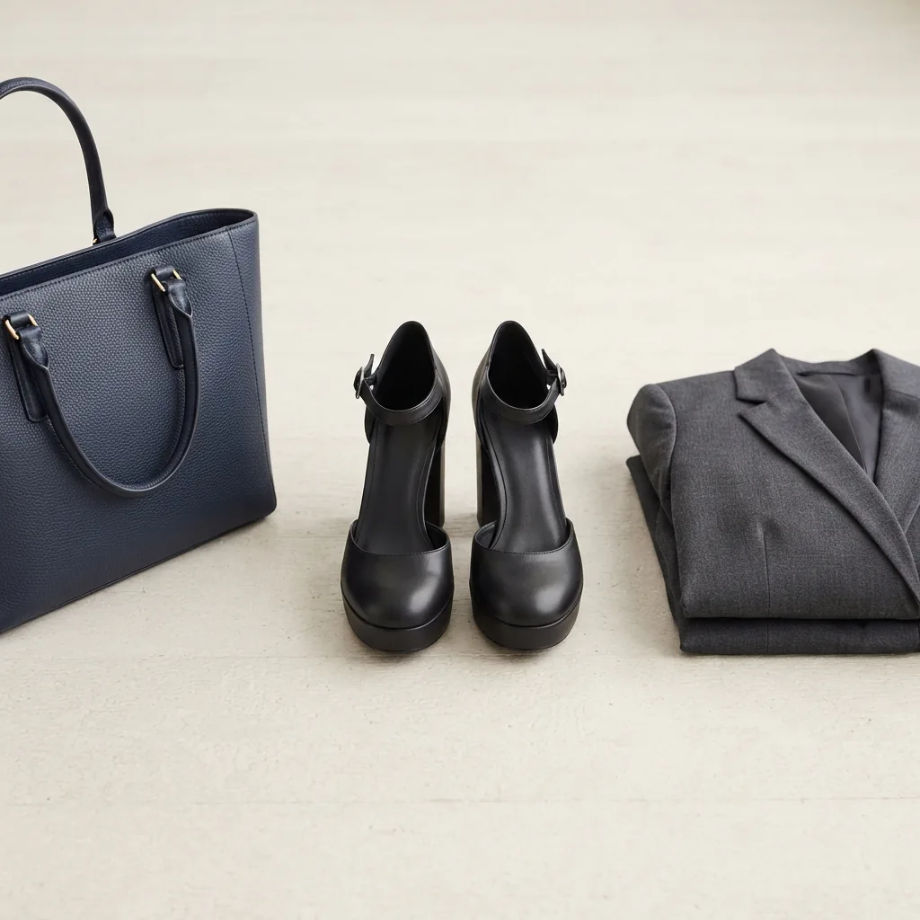 Strapped platform heels beside a work bag and blazer on a light floor