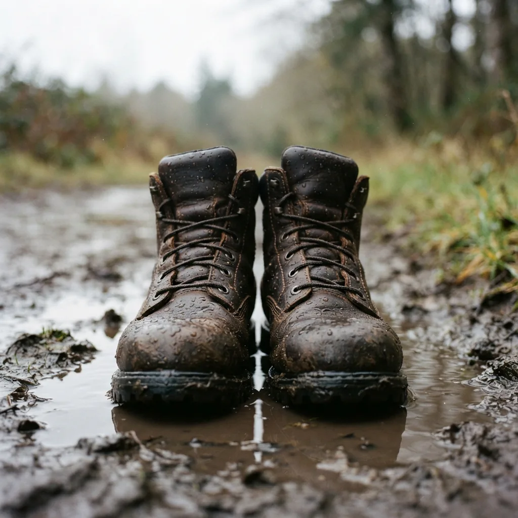 Waterproof mid-cut work boots in a shallow muddy puddle on a gray day.