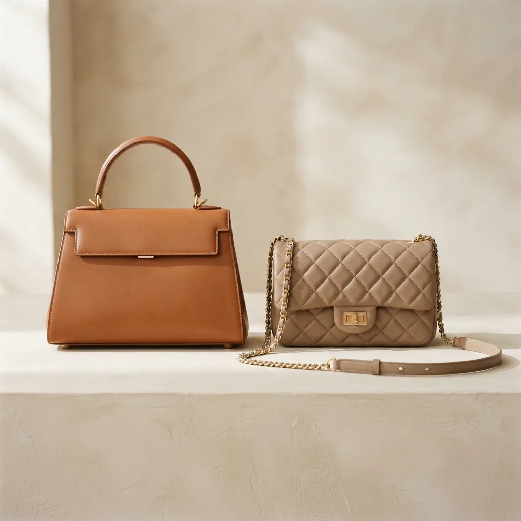 Handbag with short top handles next to a crossbody bag with a long adjustable strap on a neutral surface