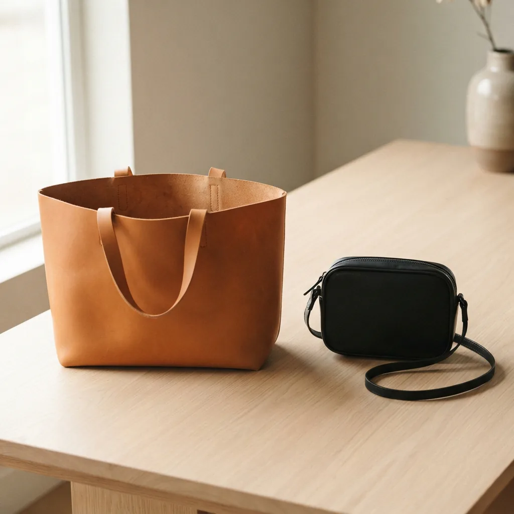 Open tote bag and small crossbody bag side by side on a neutral surface showing a size comparison