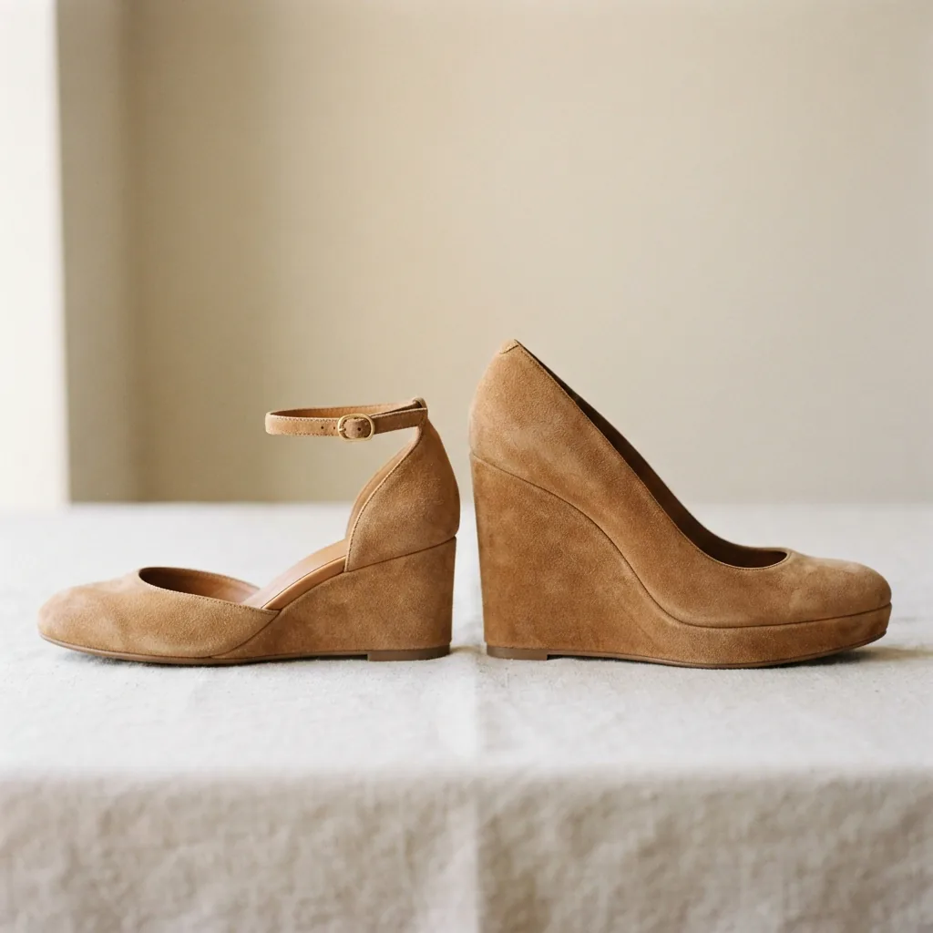 Two wedge shoes side by side showing a low block wedge and a taller heel wedge on a neutral surface