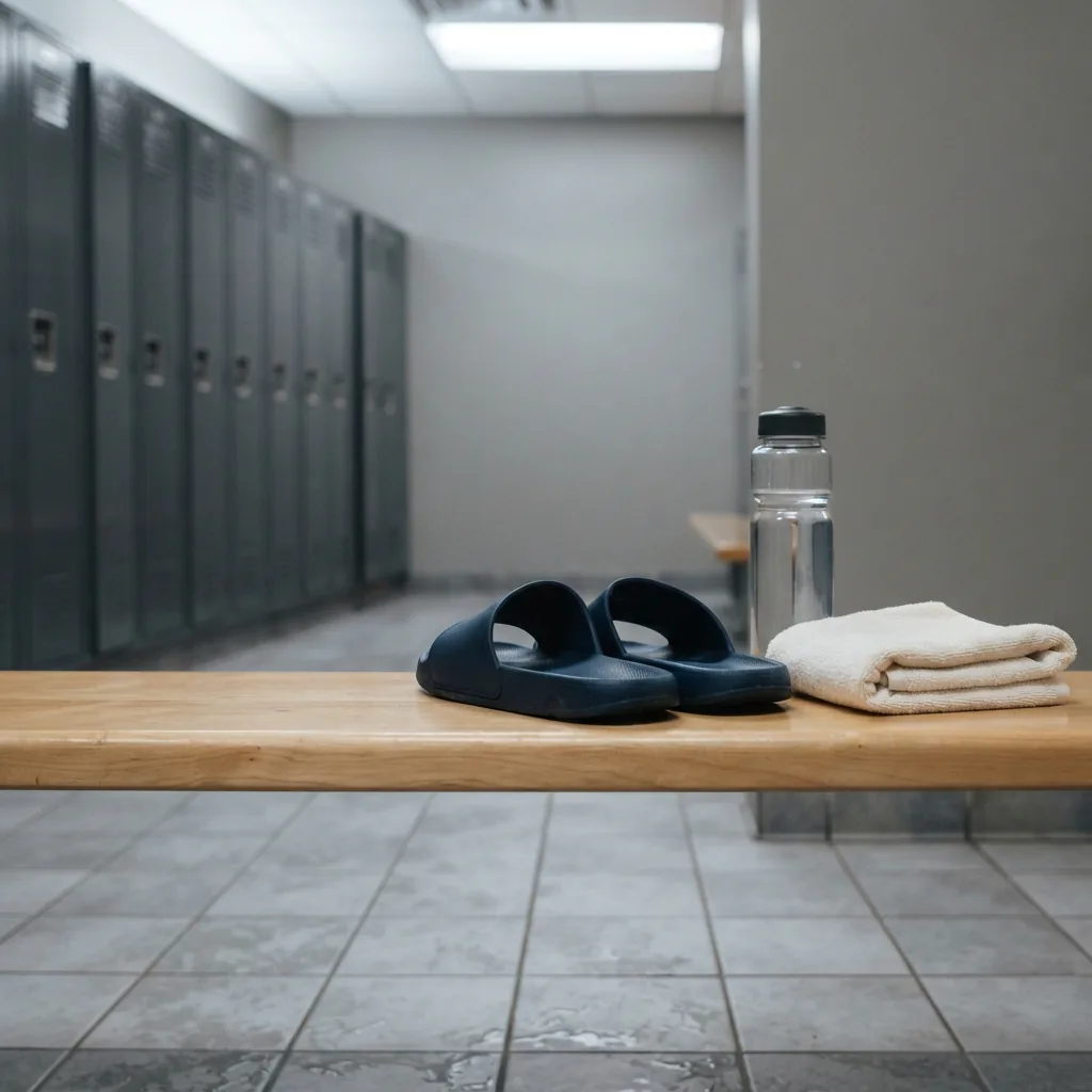 Unbranded slide sandals on a locker room bench beside a water bottle