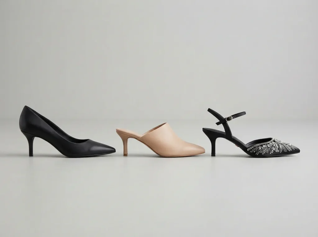 Three kitten heel styles lined up to show pointed, slip-on and embellished shapes