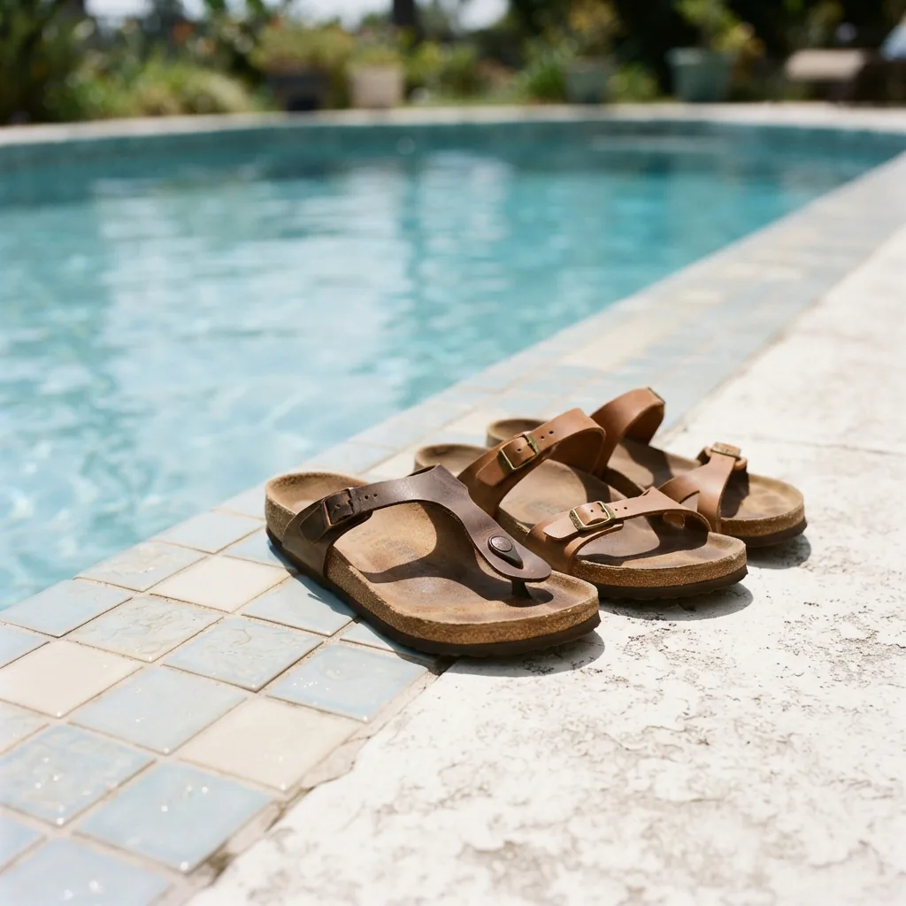 Cork-footbed flip flops and a strap sandal beside a pale blue poolside tile edge