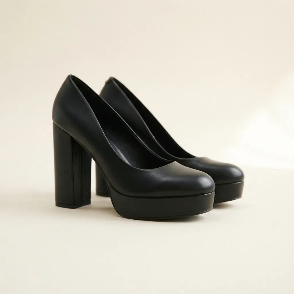 Single Madden Girl Desiere black platform pump on a cream studio surface