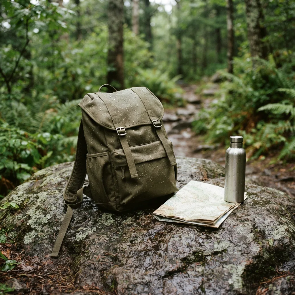 A water-resistant backpack with beaded raindrops resting on a rock along a wooded trail