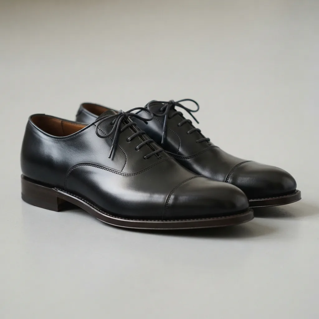A pair of black lace-up oxford men's dress shoes on a pale grey studio surface.