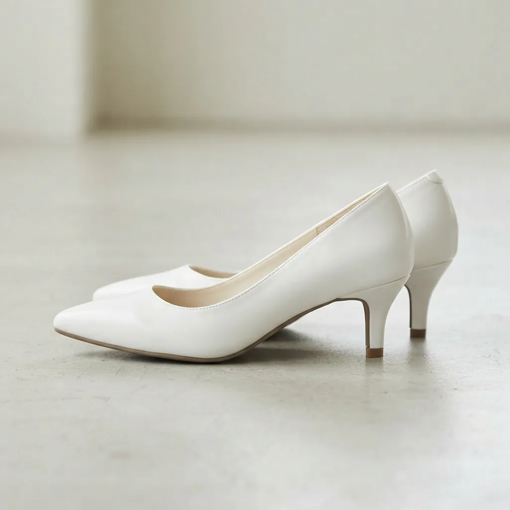 White Kelly and Katie kitten-heel pumps on a pale office floor