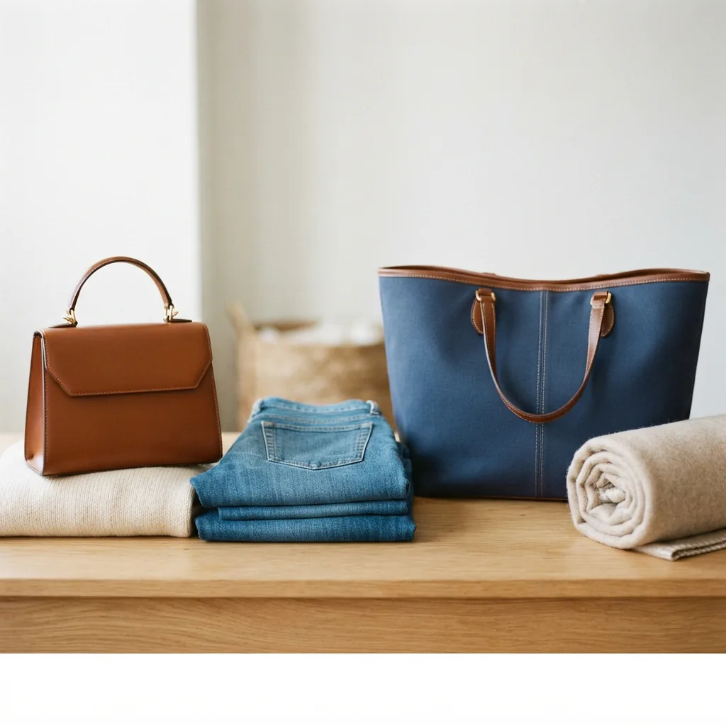 Petite top-handle bag and a folded denim jacket beside a roomy tote bag on a neutral backdrop
