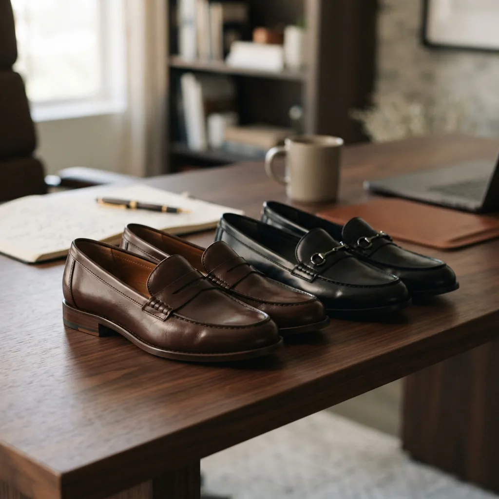 Two pairs of polished women's loafers on a dark office desk