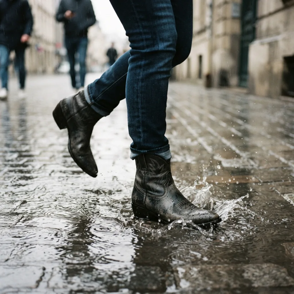 Waterproof western booties stepping through a puddle on a rainy sidewalk