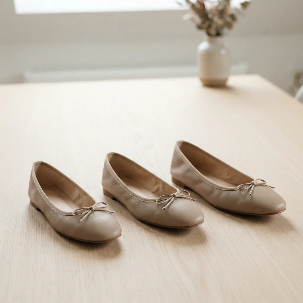 Three unbranded ballet flats in slightly different sizes arranged in a row