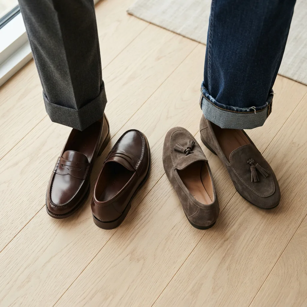 A polished loafer beside a trouser cuff and a casual loafer beside a denim cuff