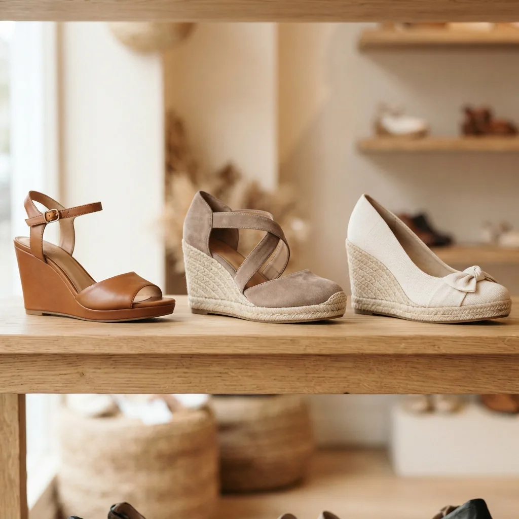 Assortment of wedge shoes in suede, smooth leather-like and canvas finishes on a light backdrop