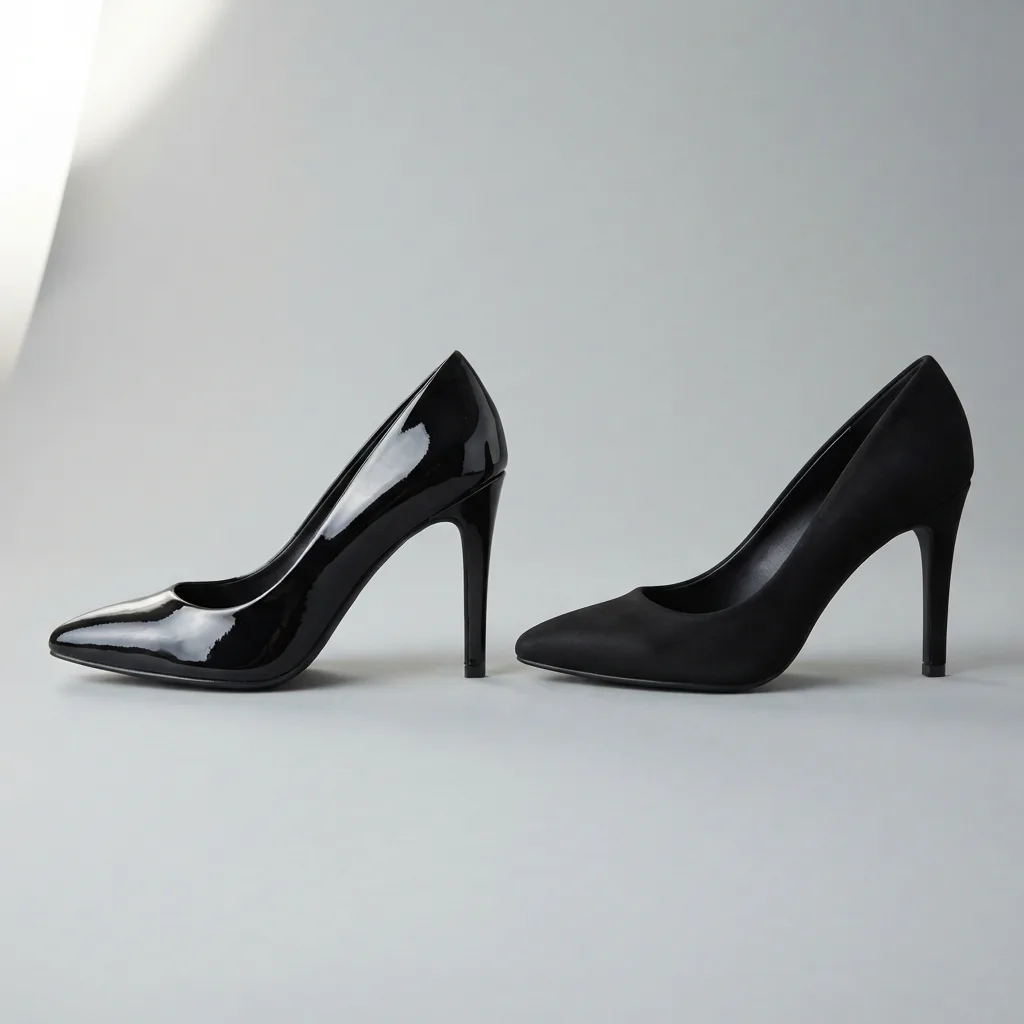 Glossy patent black pump next to a matte black pump on a light gray studio surface