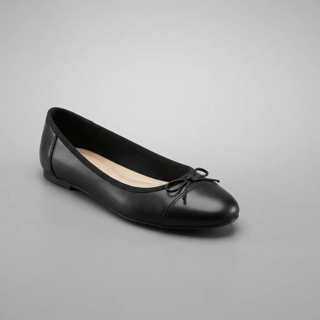 A black Nine West Classik ballet flat on a gray studio surface with soft overhead light