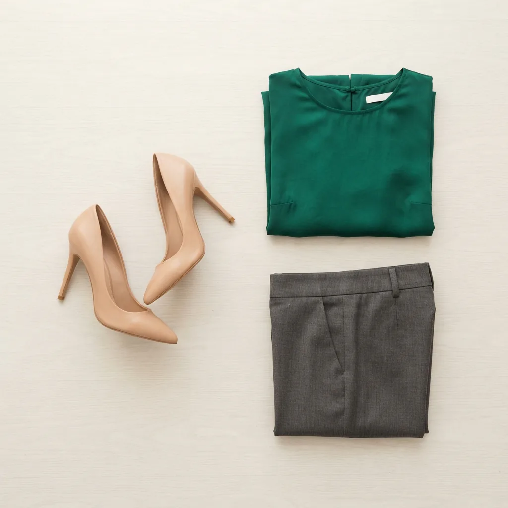 High heels beside a folded dress and tailored trousers on a light studio floor