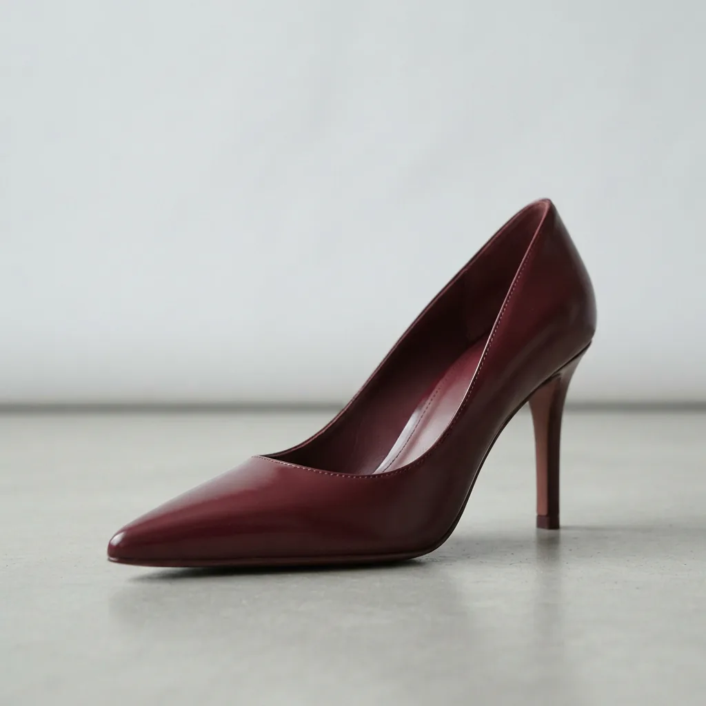 Single pointed-toe pump displayed on a pale studio floor