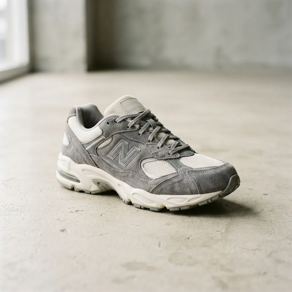 Men's New Balance 603 suede and mesh sneaker displayed alone on a pale concrete floor