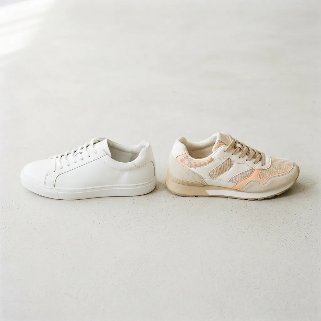 Two women's sneakers at different price levels placed side by side on a pale studio surface