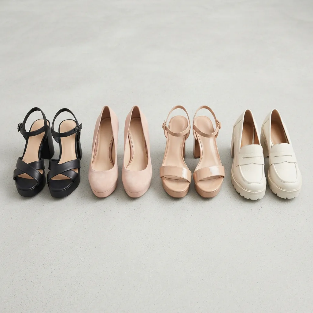 Platform heels at different price points arranged in a simple row