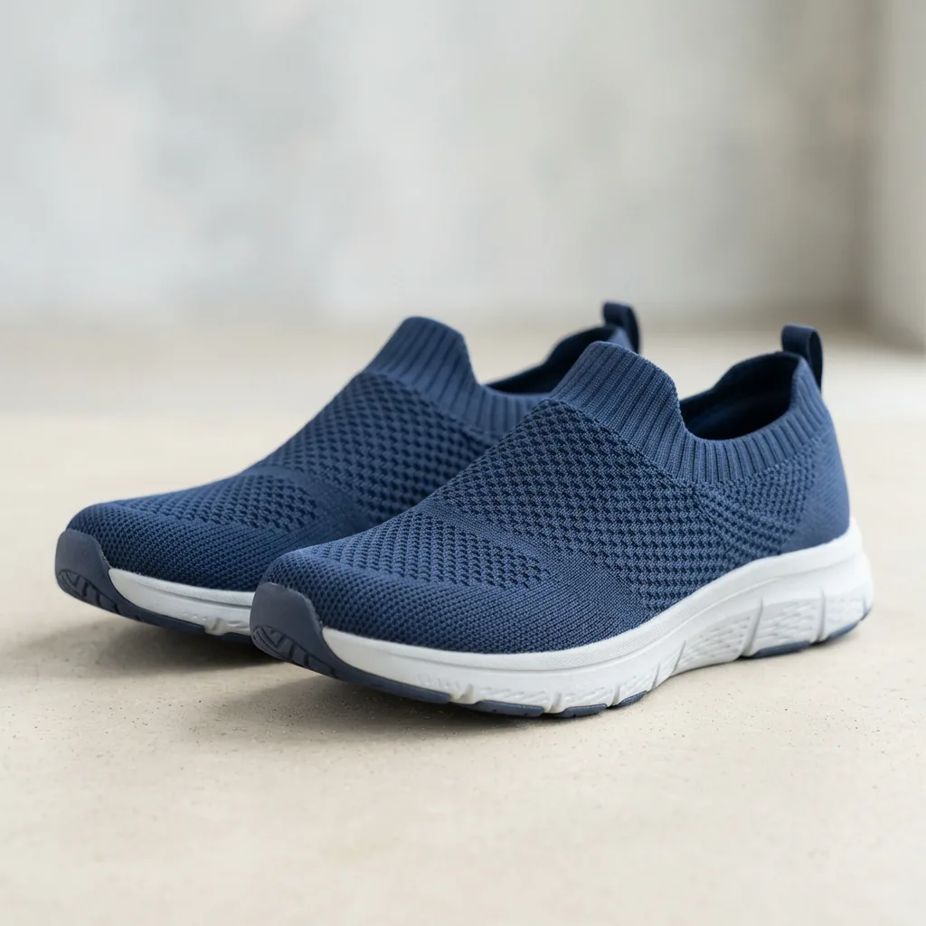 Navy DSW stretch-knit walking slip-on shoes on a light studio surface