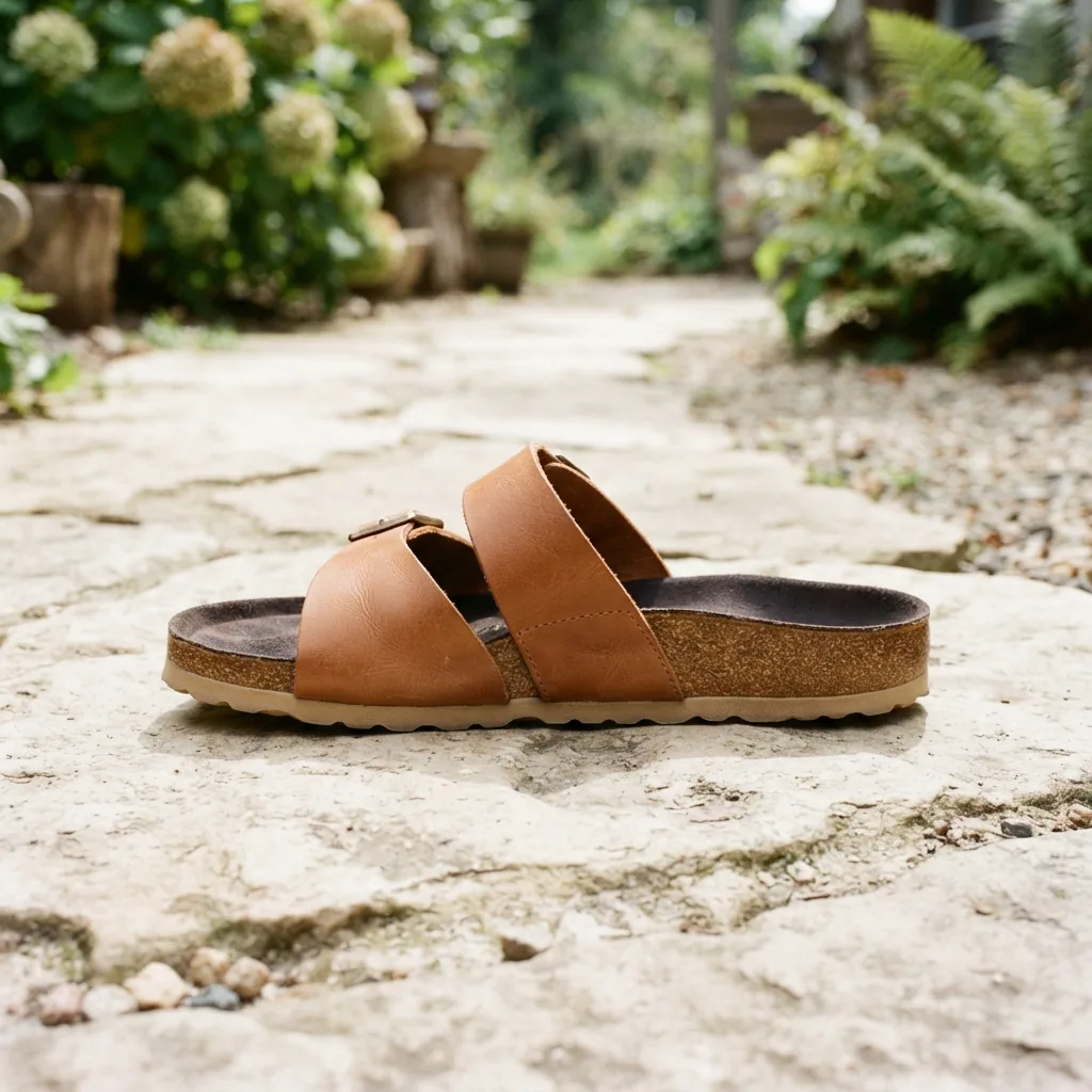 Adjustable wide-strap sandal with a contoured footbed on a light stone walkway