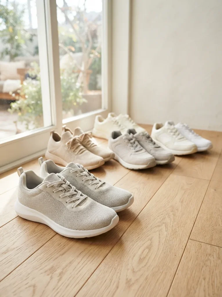 Women's walking sneakers arranged on a light wooden floor beside a sunlit window