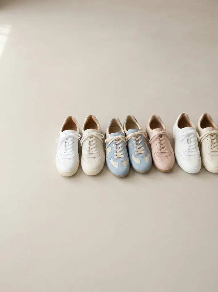 Row of six women's sneakers in white, cream and soft pastel tones arranged on a light studio surface