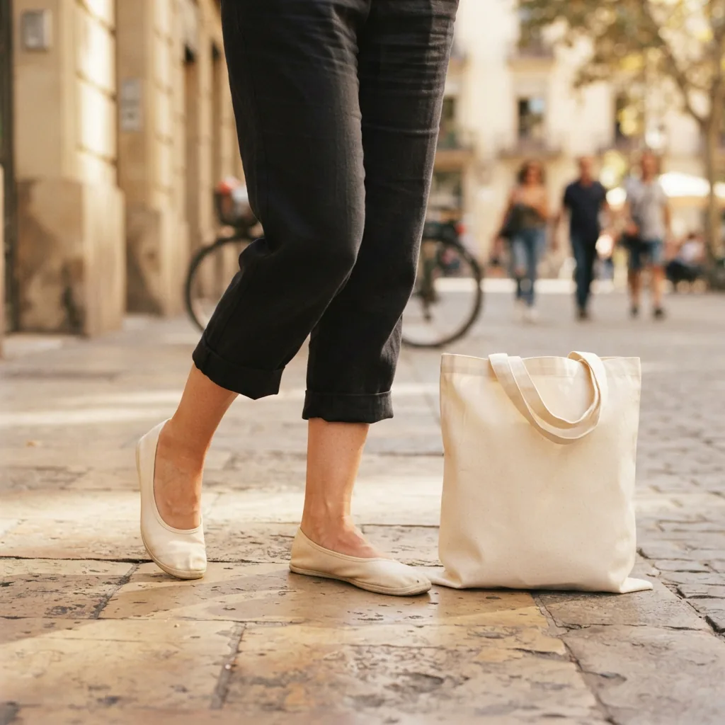 An adult's feet in simple flats standing on a city sidewalk beside a canvas tote bag