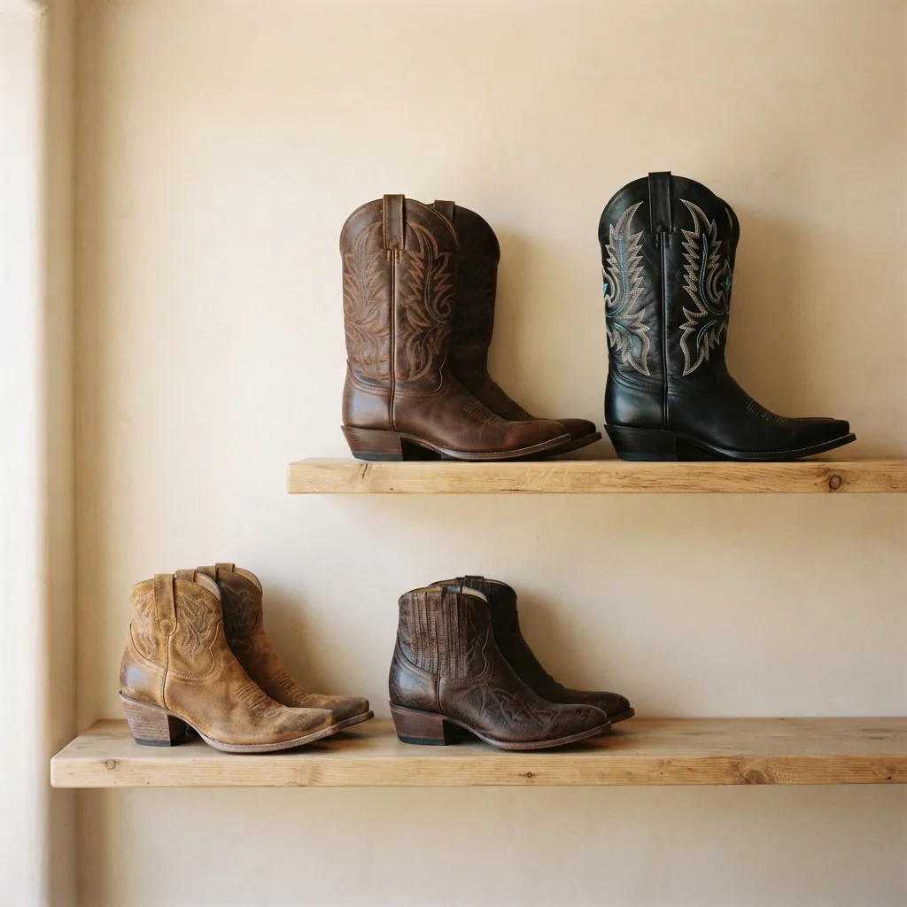 Western booties and tall western boots arranged at different price levels on a shelf