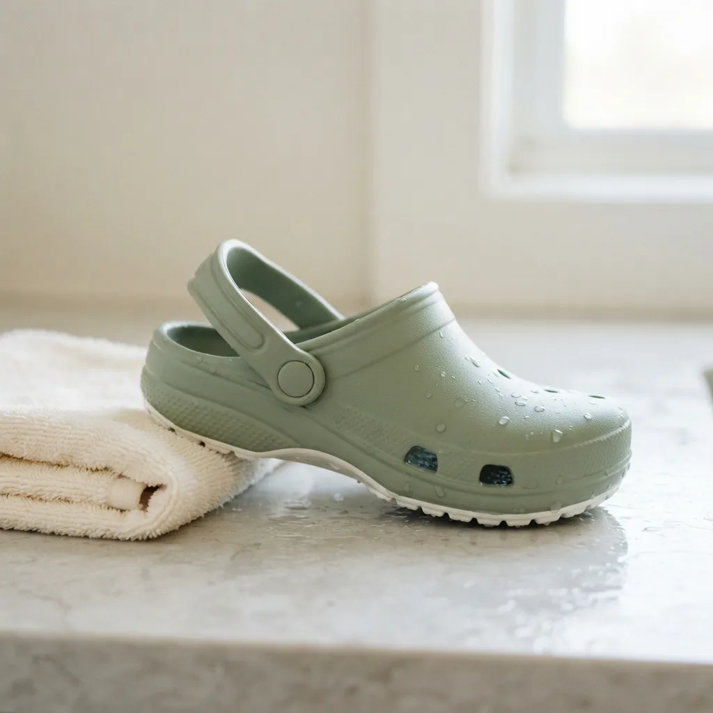 A wipeable children's clog on a damp pale surface with a folded soft cloth beside it