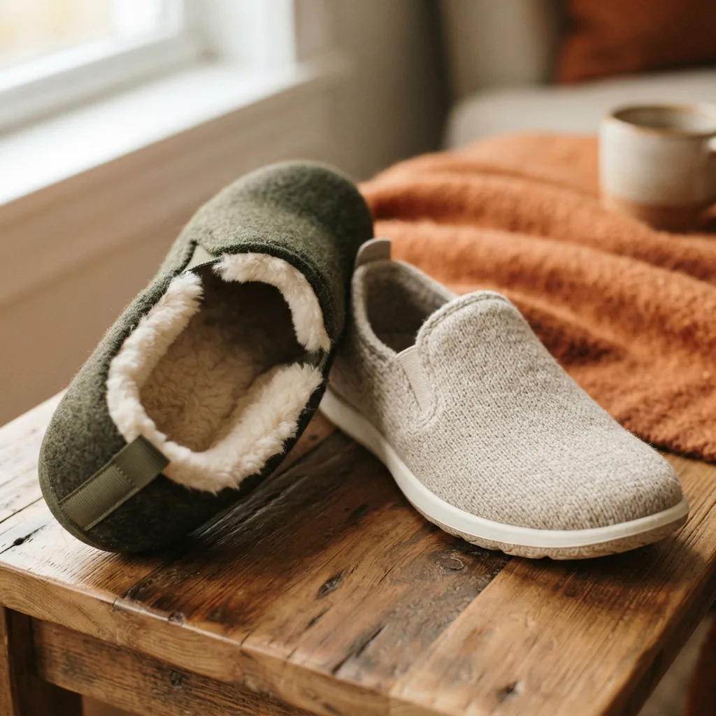 Slip-on shoe tipped to reveal plush faux-fur lining beside a lighter unlined knit slip-on