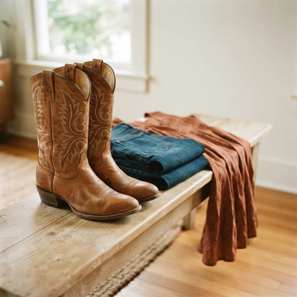 Cowboy boots styled beside folded jeans and a dress on a light bench