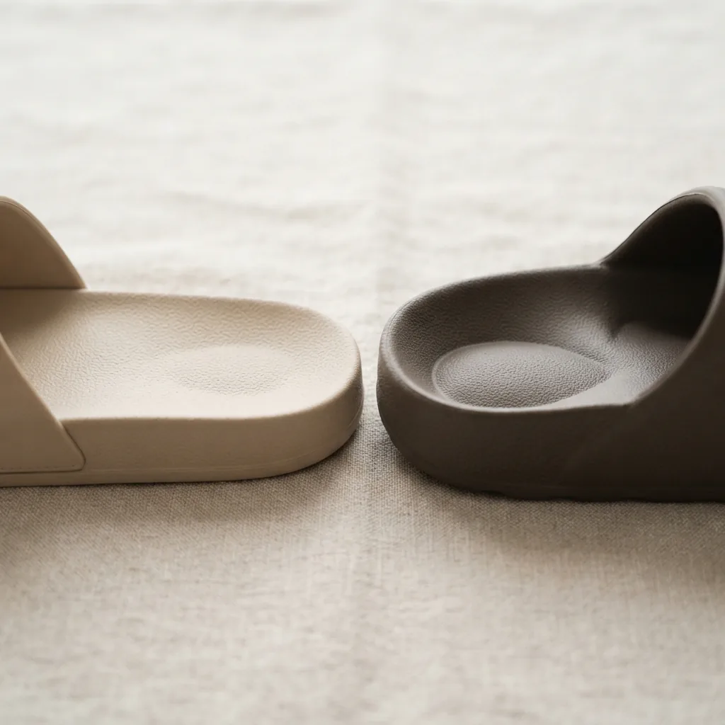 Close view of a thick contoured foam footbed of an unbranded slide sandal on a light surface