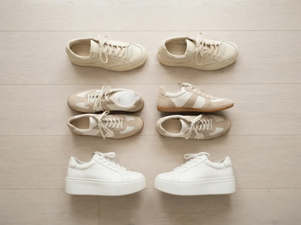 Overhead view of six women's sneakers grouped into three style pairs on a pale studio floor