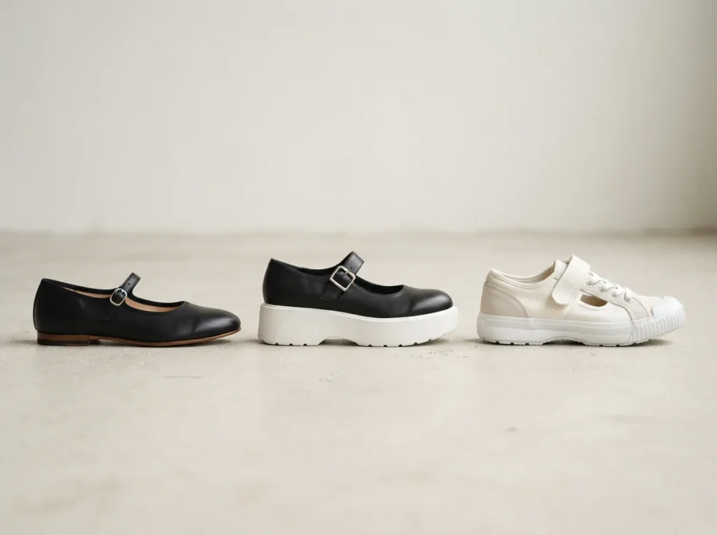 Flat, platform and sneaker style Mary Jane shoes arranged in a row for a category overview