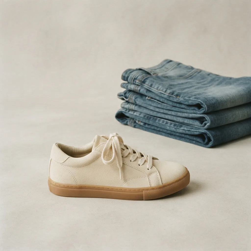A classic children's low-top sneaker displayed beside neatly folded denim on a neutral backdrop