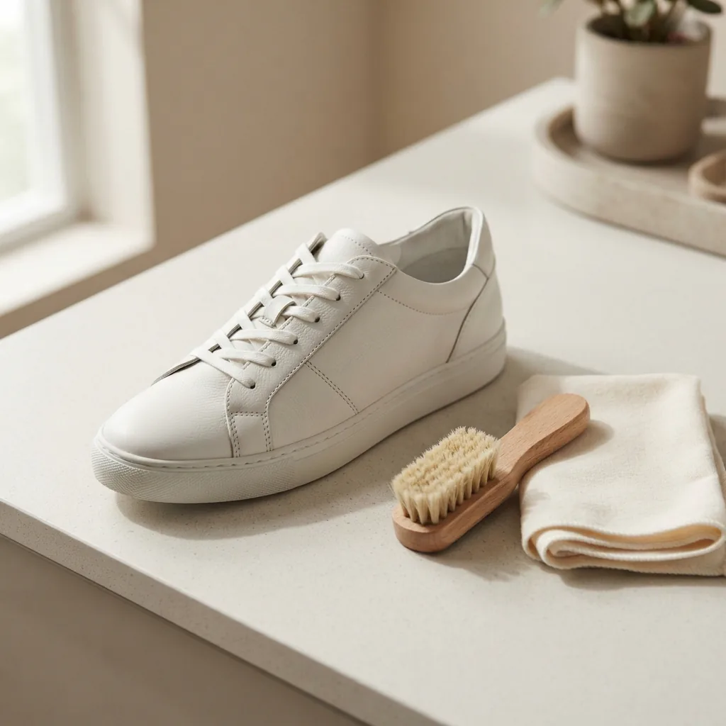White women's sneaker placed beside a soft brush and cloth on a light cleaning surface