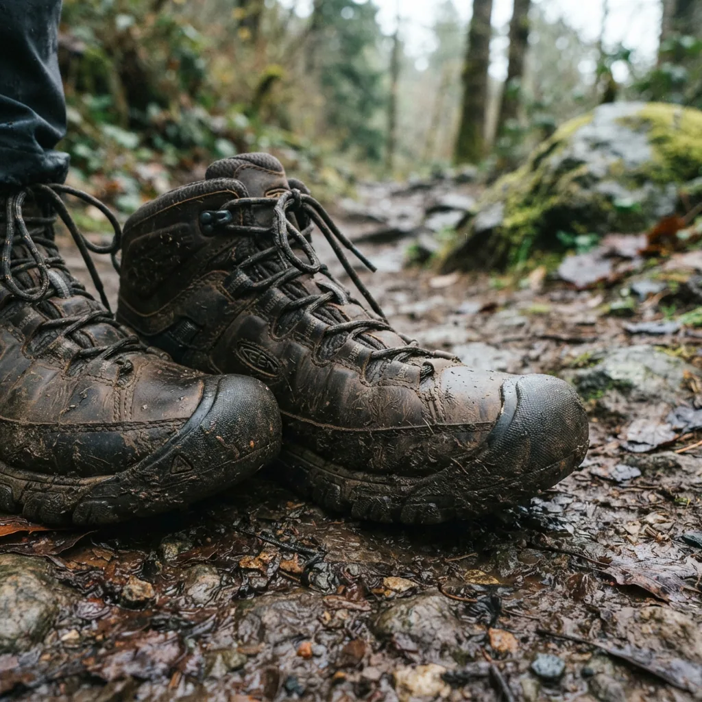 Keen Targhee IV Waterproof men's hiking boot in muddy all-weather trail conditions