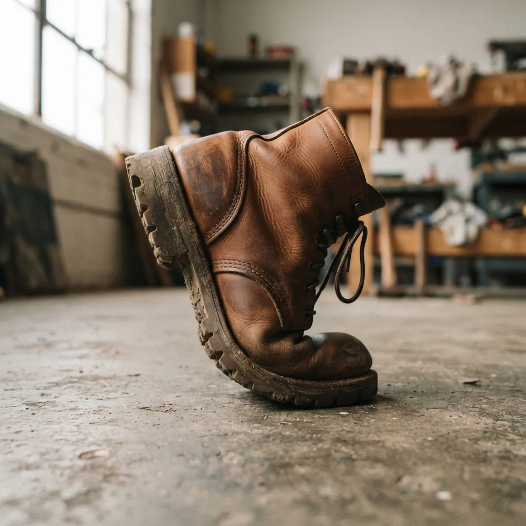 A single lightweight flexible work boot bent at the sole on a workshop floor.