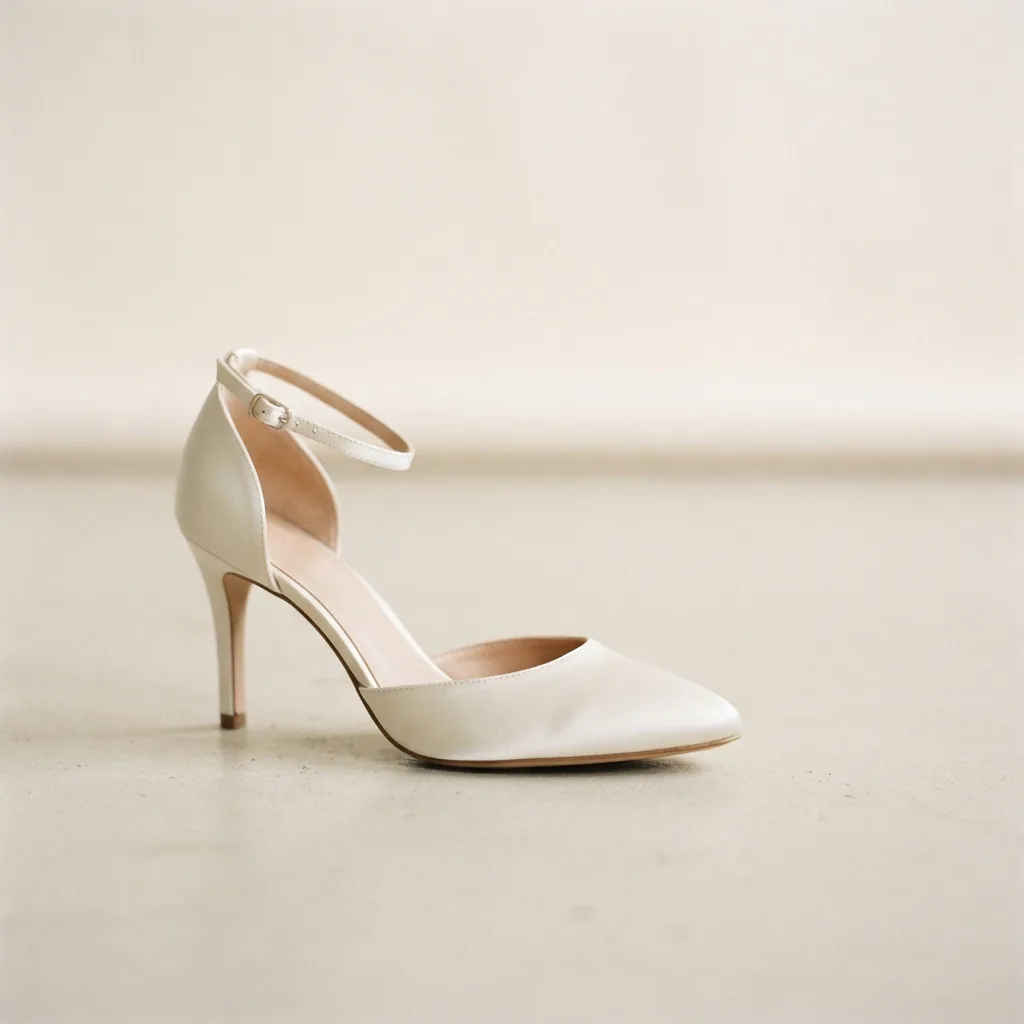 Wedding shoe standing on a studio floor beside a simple portrait backdrop