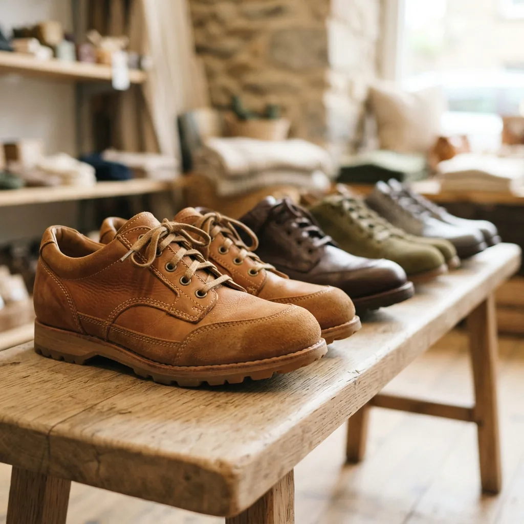 Classic lace-up walking shoes lined up on a wooden bench