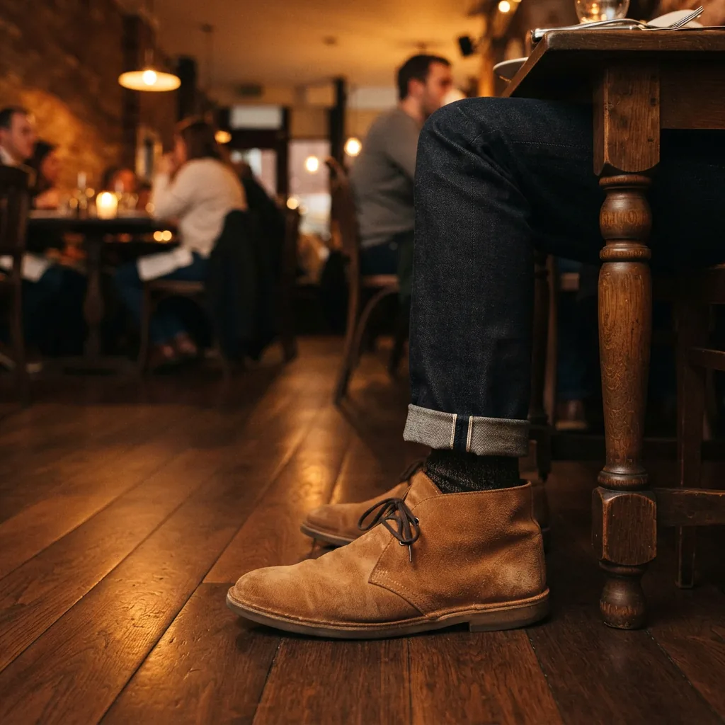 Man's chukka boot on a polished restaurant floor beside a wooden table leg, cuffed jeans