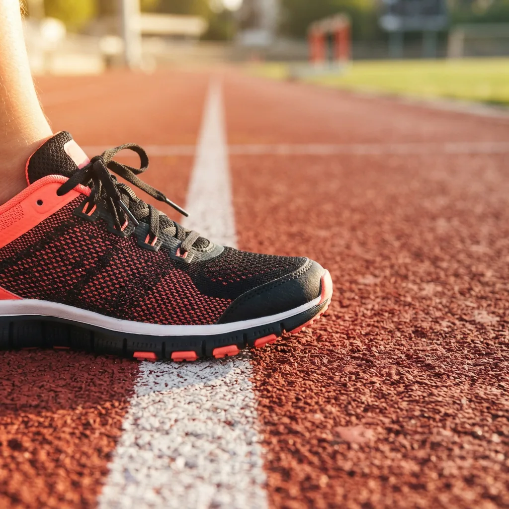 An unbranded lightweight running shoe on a red track lane beside a white start line