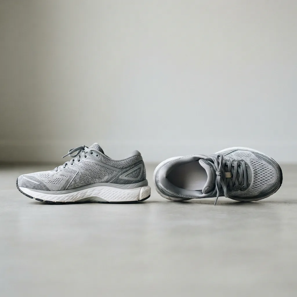 Two unbranded running shoes side by side, one upright and one tipped to show its inner sole