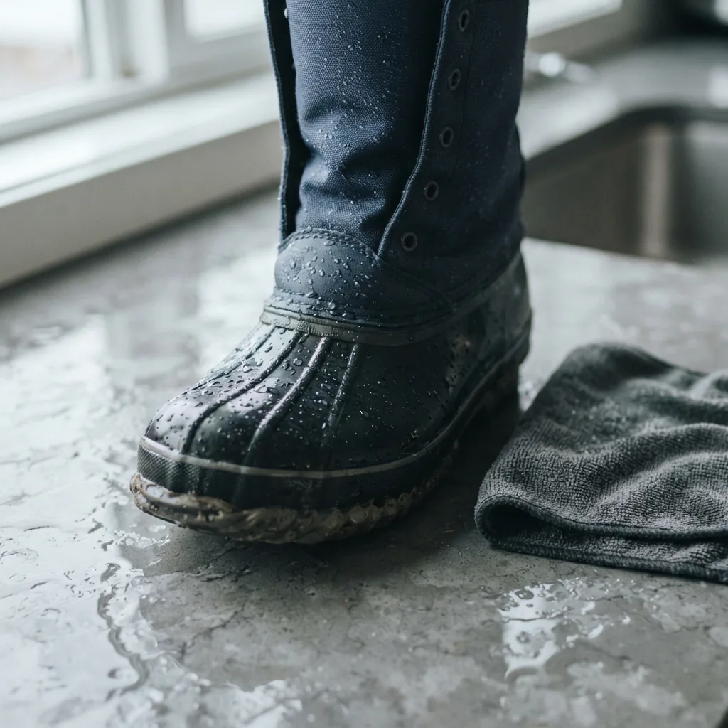 Water beading on a rubber snow boot shell beside a damp cloth